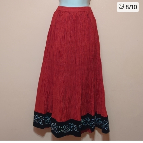 Zashi Boho Gypsy Witch Red A-Line Crinkle Skirt Silk Blend Black Velvet Hem M - Picture 2 of 8